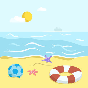Beach and sea. Flat cartoon style vector illustration