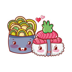 kawaii sushi and salad salmon wasabi food japanese cartoon, sushi and rolls
