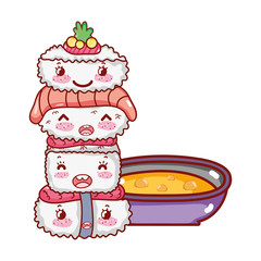 stacked sushi wasabi fish salmon and soup kawaii food japanese cartoon , sushi and rolls