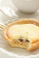 Raisin and cheese tart on white dish for gourmet dessert