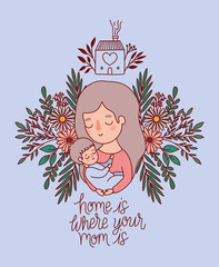 Mother and baby cartoon with flowers and leaves vector design