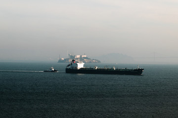 Ship going past Alcatraz Island