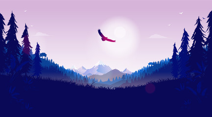 Eagle flying over beautiful landscape. Nature scene with trees, mountains and clear sky. Adventure, recreation and freedom concept to use as background or wallpaper. Vector illustration.