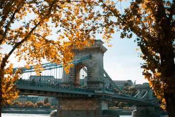 Old nineteenth century Széchenyi Chain Bridge in Budapest