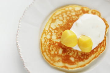 Chestnut and cream on homemade pancake with copy space