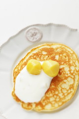 Chestnut and cream on homemade pancake with copy space