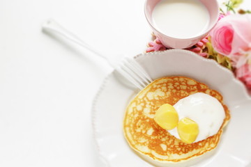 Chestnut and cream on homemade pancake with copy space