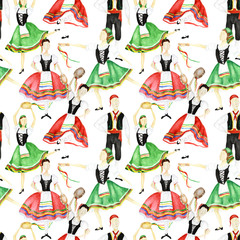 Seamless pattern Dancers in national costume an Italian tarantella with a tambourine on white background. Woman and man dancer in red folk costume Italy. Watercolor fabric texture