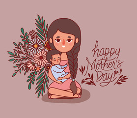 Mother and baby cartoon with flowers and leaves vector design