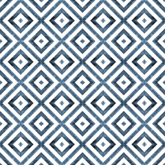 Watercolor geometric rhombus squares seamless pattern. Indigo blue stripes on white background