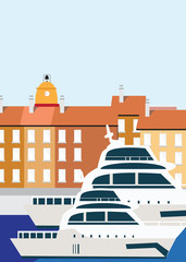 Flat Illustration. Awesome city view in sunny day on mediteranian  house, Saint Tropez harbour. Enjoy the travel. Around the world. Quality vector poster. France.