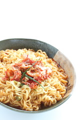Korean food, spicy ramen noodles and kimchi