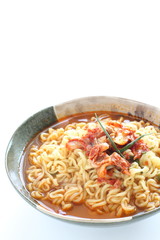 Korean food, spicy ramen noodles and kimchi