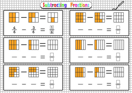 Subtracting Fractions Worksheets, math fraction worksheet for kids, Educational Game