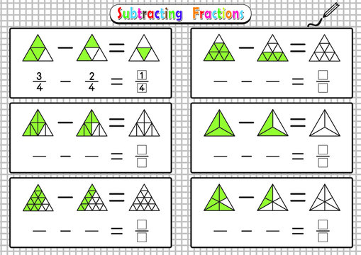 Subtracting Fractions Worksheets, math fraction worksheet for kids, Educational Game