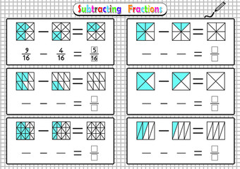 Subtracting Fractions Worksheets, math fraction worksheet for kids, Educational Game