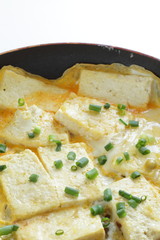 Japanese food, tofu and egg pan fried with green onion