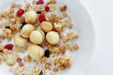 Healthy breakfast, granola celery in blow with copy space