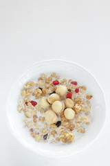 Healthy breakfast, granola celery in blow with copy space