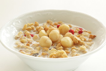 Healthy breakfast, granola celery in blow with copy space