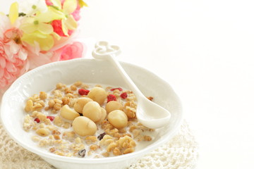 Healthy breakfast, granola celery in blow with copy space