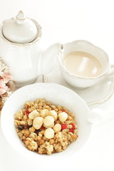 Healthy breakfast, granola celery in blow with copy space