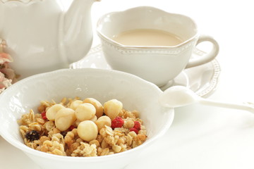 Healthy breakfast, granola celery in blow with copy space