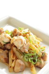 Korean food, potato and chicken stir fried with Kimchi