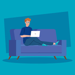 man working in telecommuting with laptop in couch vector illustration design