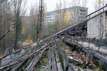 Fototapeta na wymiar Abandoned tribune in Pripyat in Chernobyl
