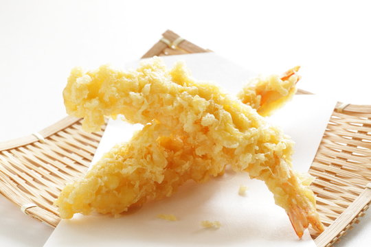 Japanese food, ebi tempura on white background with copy space