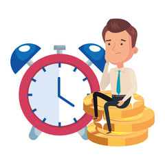 Fototapeta na wymiar pile coins with businessman and alarm clock vector illustration design