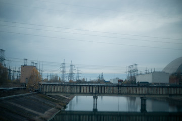 Fototapeta na wymiar Power plant buildings in Pripyat in Chernobyl