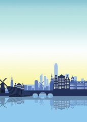 Flat Illustration. Awesome city view in sunny day in Windmill Villages, Amsterdam. Enjoy the travel. Around the world. Quality vector poster. Netherlands.