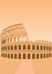 Flat Illustration. Awesome city view in sunny day in Historical colosseum, Rome. Enjoy the travel. Around the world. Quality vector poster. Italy.
