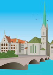 Flat Illustration. Water bridge with Historical Building in Zurich. Flat Illustration