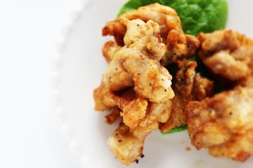 Asian food, fried chicken on dish with copy space