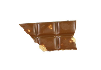 A broken piece of chocolate with hazelnuts isolated on white background. Milk chocolate tiles with nuts isolated on white.