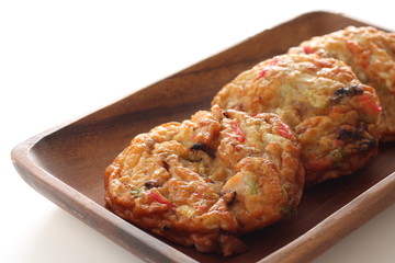 Japanese food, vegetable fish cake on wooden plate