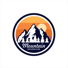 mountain travel emblems. Camping outdoor adventure emblem, badge and logo patch. Mountain tourism, hiking. Jungle camp label in vintage style