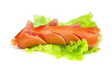 Fried Sausage with lettuce isolated on white background