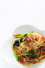 Chinese food, Pork and green leaf vegetable fried noodles