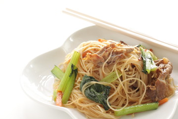 Chinese food, Pork and green leaf vegetable fried noodles