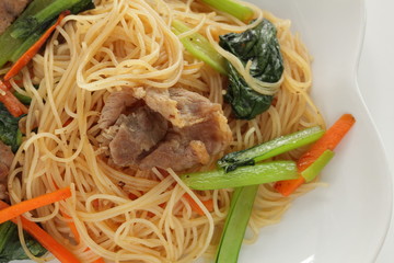 Chinese food, Pork and green leaf vegetable fried noodles