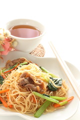 Chinese food, Pork and green leaf vegetable fried noodles