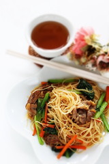 Chinese food, Pork and green leaf vegetable fried noodles
