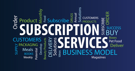 Subscription Services Word  Cloud on a Blue Background