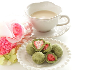 Japanese confectionery, dried strawberry and green tea chocolate