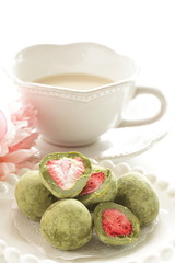 Japanese confectionery, dried strawberry and green tea chocolate