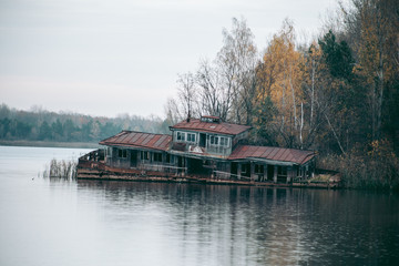 Fototapeta na wymiar Abandoned bay on the lake in Pripyat in Chernobyl